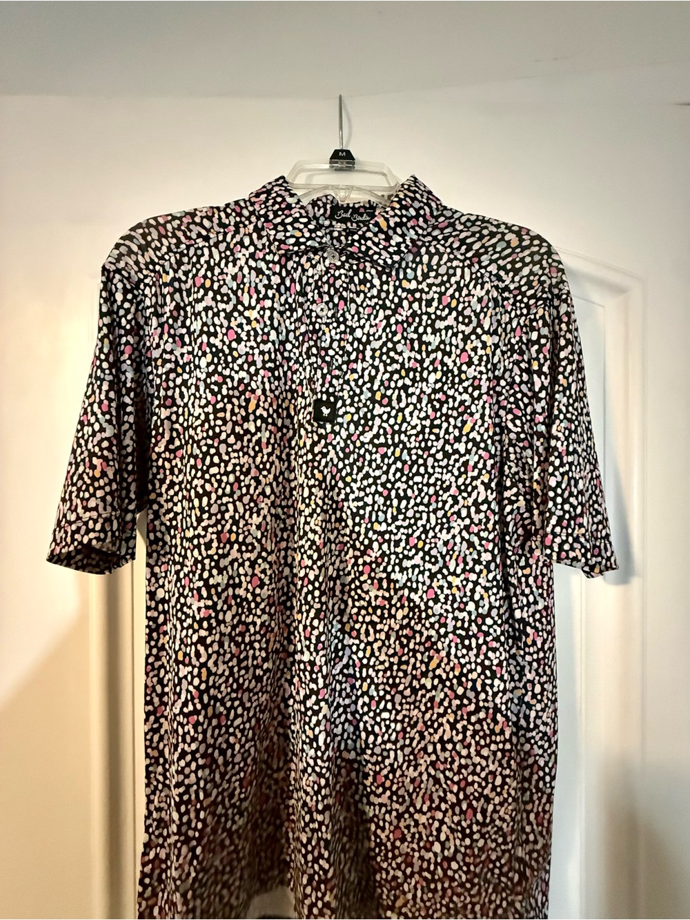 Bad Birdie Black Polo with Pink and White Dot Print